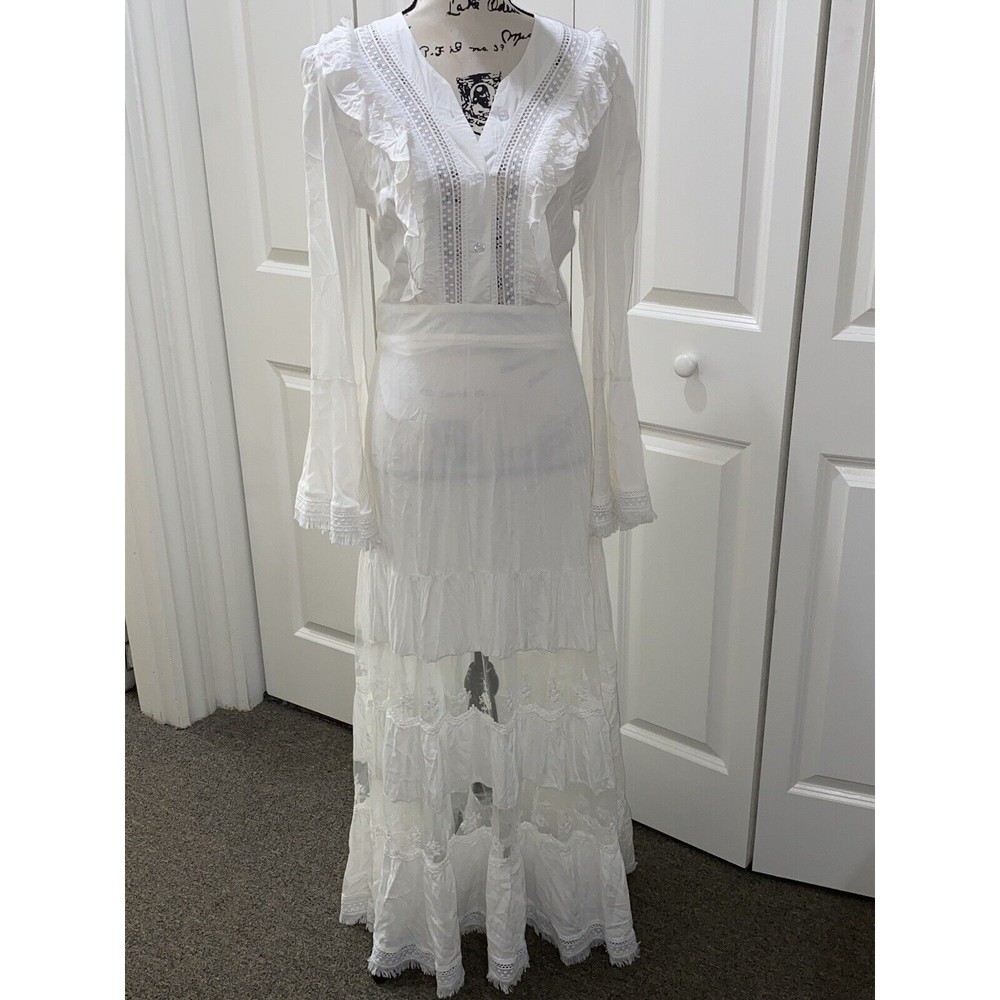Muy Muy Fancy Cottage Core Lace Embroidered Bell Sleeves White Maxi Dress Sz Sm
